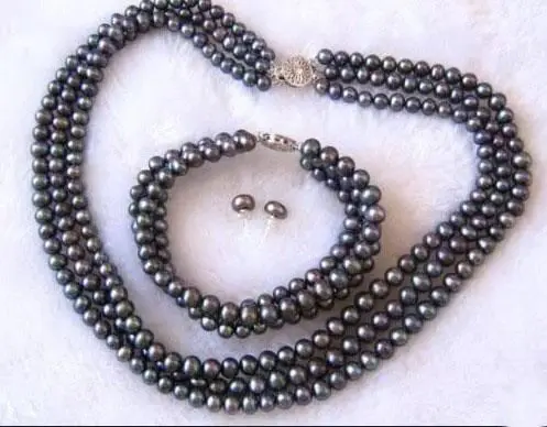 

New (Mini Order 1) 3Rows 7-8mm Black Pearl Shell Necklace Bracelet Earrings Set Pearl Beads Fashion Jewelry Set Natural Stone