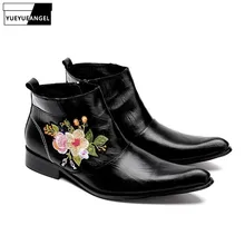 Новинка года; модные мужские Ботильоны из натуральной кожи с вышивкой; мужские ботильоны с боковой молнией и острым носком; Цвет Черный; большие размеры 37-46