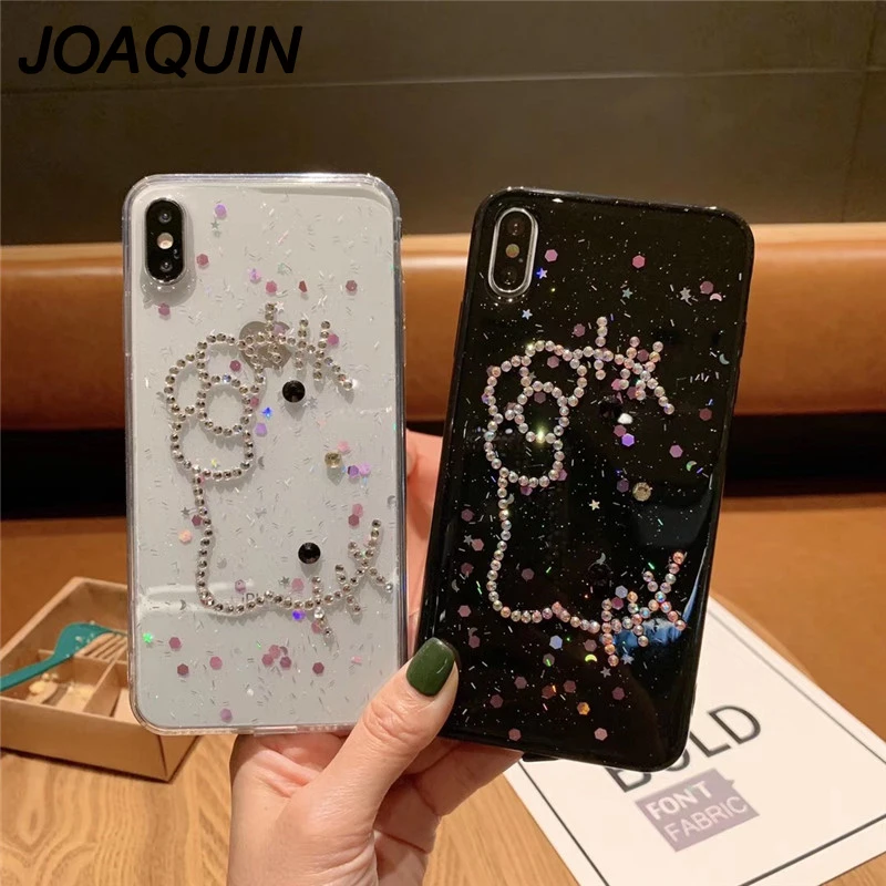 Алмазная кошка чехол для iPhone 6 6s 7 8 Plus X XR XS MAX блестящая Черная задняя крышка 6plus 7plus
