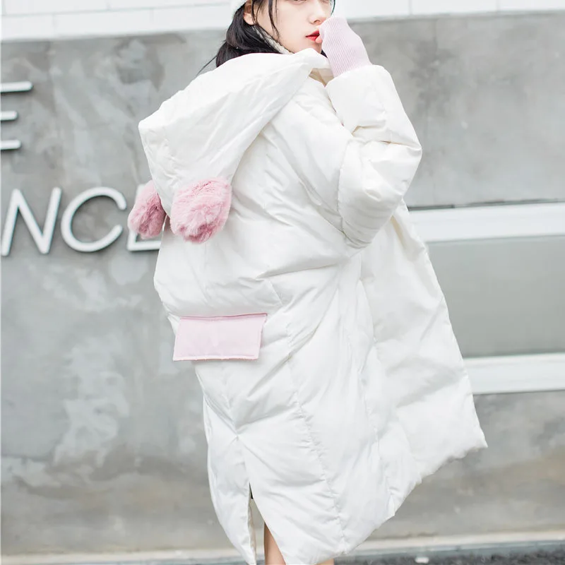 Cute Hooded Ear 2018 Winter Jacket Women Thick Long Women Parkas Female Outwear Coat Down Cotton Padded Snow White Pink kawaii Coats