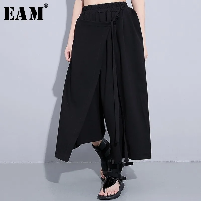 

[EAM] 2019 New Autumn Winter High Waist Solid Color Black Irregular Loose Wide Leg Pants Women Toursers Fashion All-match JC014