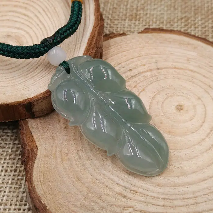 

Hand-carved Leaf Certified Grade A Natural Green Icy Jadeite Jade Pendant 1590