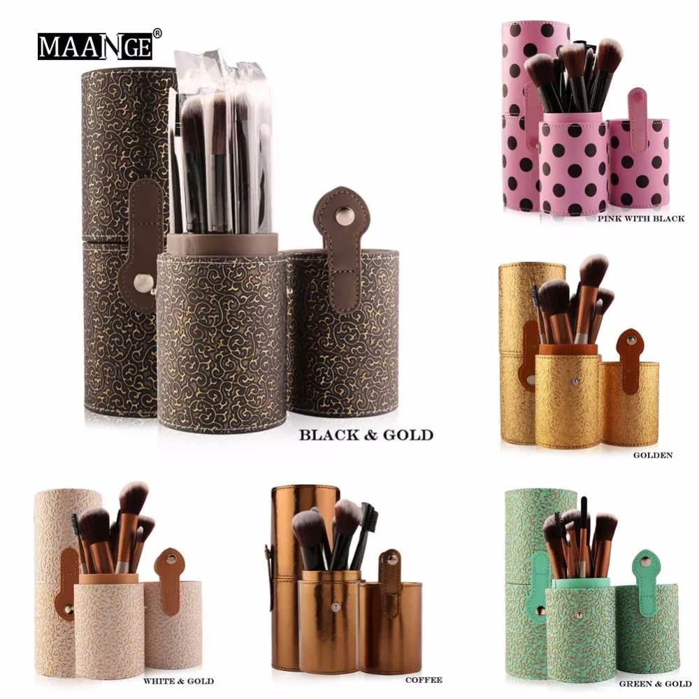 

MAANGE Brand Professional 12 Pcs Makeup Brushes Kit Studio Holder Tube Convenient Portable Leather Cup Natural Hair Synthetic