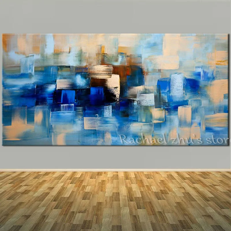 

Hand Painted Abstract Blue Oil Painting On Canvas Palette Knife Abstract Art Wall Pictures For Living Room Bedroom Home Decor