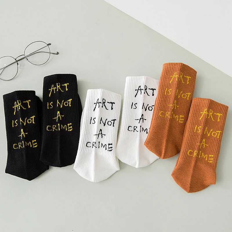 

3 Paris Free Shipping Women Fashion Letter Art Socks High Waist Cool Cotton Hipster Female Skateboard Socks Breathable Solid Sox
