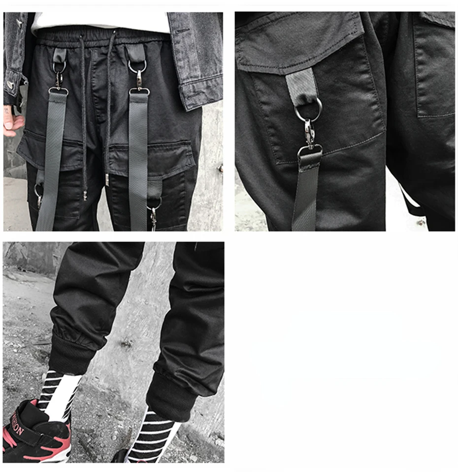 Мужские брюки-шаровары с эластичным поясом и карманами, уличная мужская одежда в стиле панк, хип-хоп, повседневные брюки с лентами