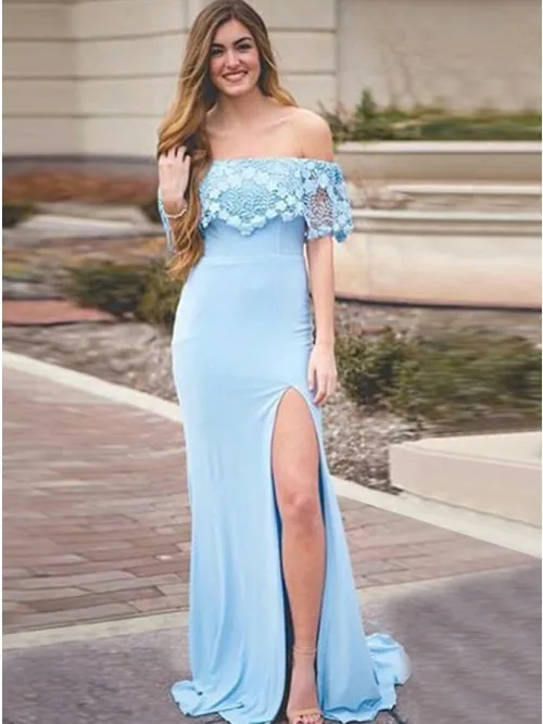 

Sexy Sky Blue Mermaid Evening Dresses 2019 Off the Shoulder Front Split Elegant Prom Dress for Women Vestido de Festa