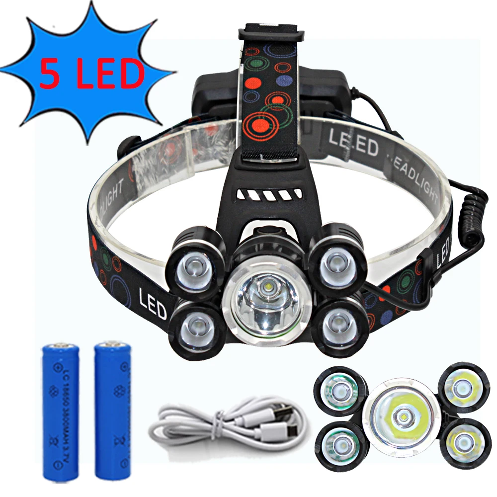 

Headlamp 5 LED Headlight T6 Q5 LED Lanterna USB Rechargeable Head Lamp Hunting Fishing Torch Light