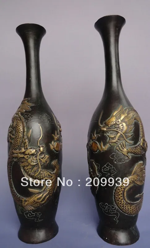 

001389 Old A pair Chinese Bronze Dragon vase Dragon Statue QIANLONG labeled (A0314)