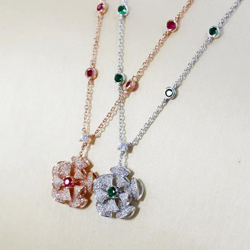 

SLJELY Real 925 Sterling Silver Zircon Flower Pendant Necklace with Green/Red CZ for Women Party Exquisite Luxury Brand Jewelry