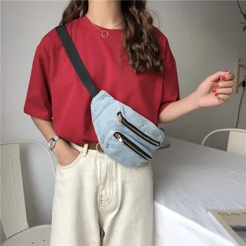 

Mihaivina Women Denim Waist Pack Chest Bag Casual Shoulder Bag Girls Fashion Fanny Pack Canvas Zipper Waist Bag Pockets Belt Bag