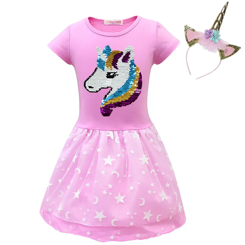 

Hot 2019 Double-sided sequins Unicorn Dress for Girls Unicorn Party Rainbow Kids Dresses for Girls Princess Girl Easter Costume