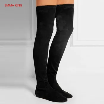 

2018 Women Winter Boots Fashion Suede Over Knee High Boots Slip On Comfortable Flats Shoes Women Slim Thigh High Socking Booties