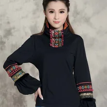 Осенне-зимний винтажный дизайнерский пуловер Женская Этническая ВЫШИТАЯ водолазка футболка L-3XL черная футболка топ блуза