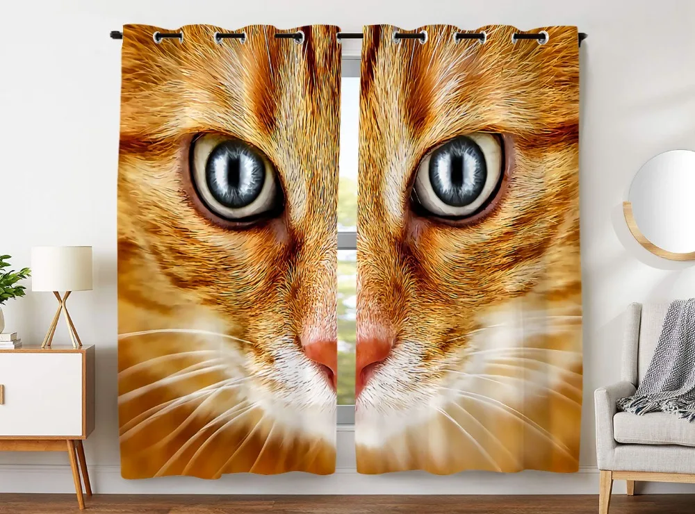 

HommomH Curtains (2 Panel) Grommet Top Darkening Blackout Room Cute Cat Face Yellow