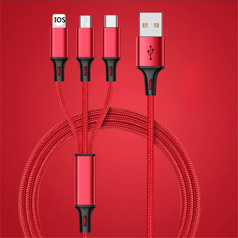 

2.4A 1.2M 3 In 1 Weave Micro USB Type C Multi Charger Cable For iPhone X Xiaomi Samsung S9 Mobile Phone Universal Charging Cabel