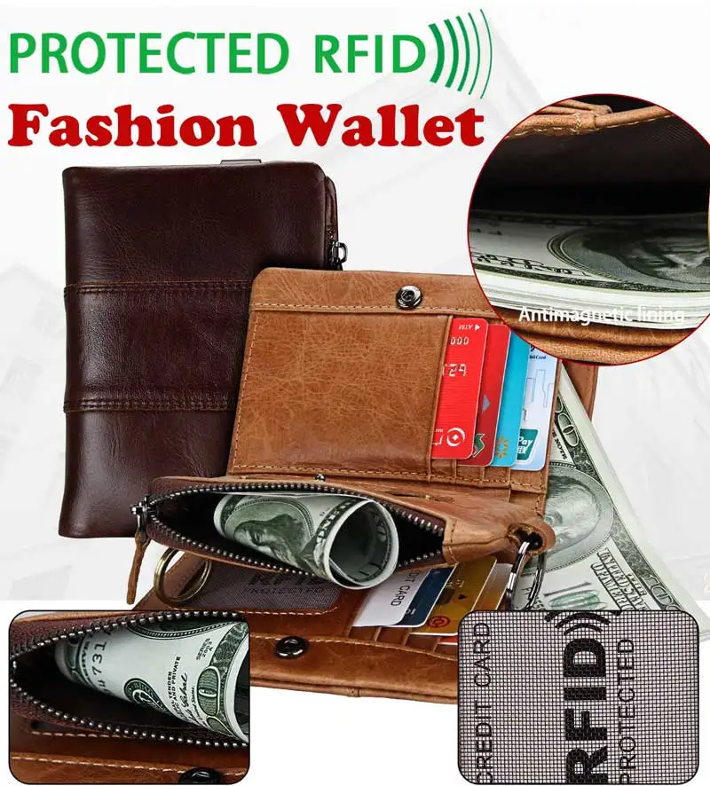 Rfid защита карты молния мужской бумажник из натуральной кожи Crazy Horse натуральной кожи Для мужчин кошелек короткие портмоне Для мужчин s