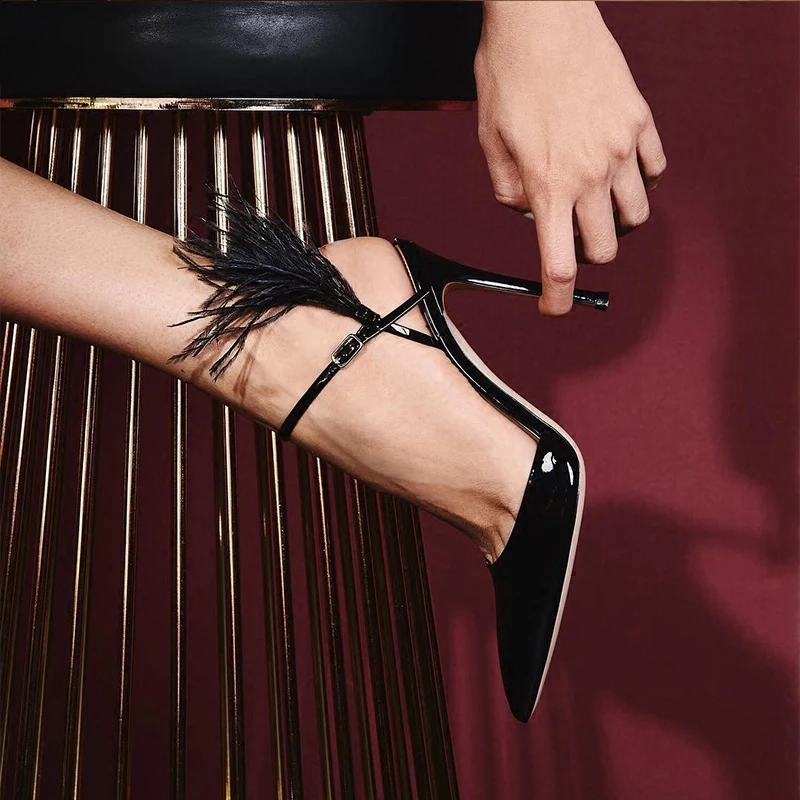 

Patent Leather Woman Pumps High Thin Heel Slingback Woman Shoes Feather Decor Brand Runway Super Star Dress Party Shoes Stiletto