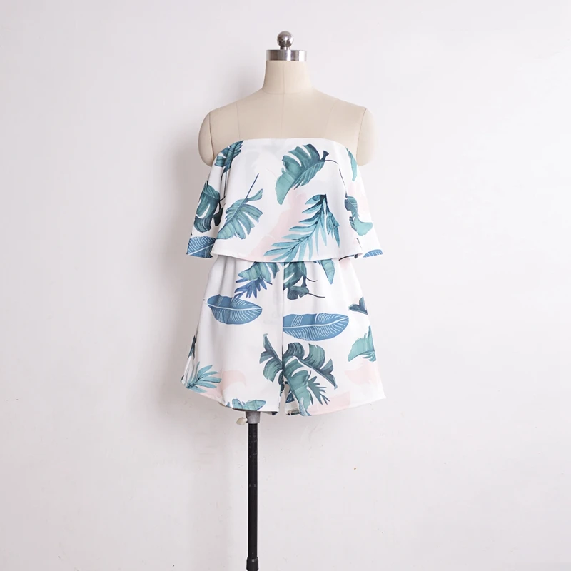 Hot Sale Slash Neck Bohemian Printed Lotus leaf edge strapless Loose Leisure Holiday Short Jumpsuits Hot Sale Slash Neck Bohemian Printed Lotus leaf edge strapless Loose Leisure Holiday Short Jumpsuits