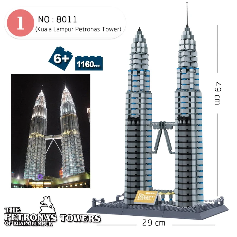 Wange 8011, новинка, знаменитая архитектурная серия, башня Petronas, Kuala Lampur, 3D модель, строительные блоки, Классические игрушки для детей