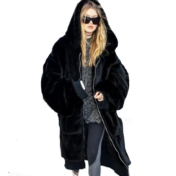 

2018 women fur coat Europe American style women street coat and artificial fur loose hooded long Plush zipper coat large size