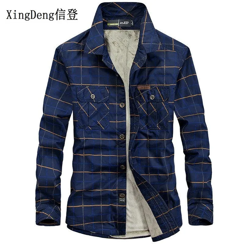 XingDeng бархатные брендовые 100% хлопковые модные теплые Для мужчин рубашки на флисовой подкладке плед плюс ветровка Повседневное мужской зима