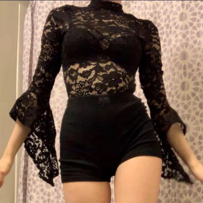 Прозрачное Женское боди LIVA GIRL элегантное с высоким воротником и открытой спиной