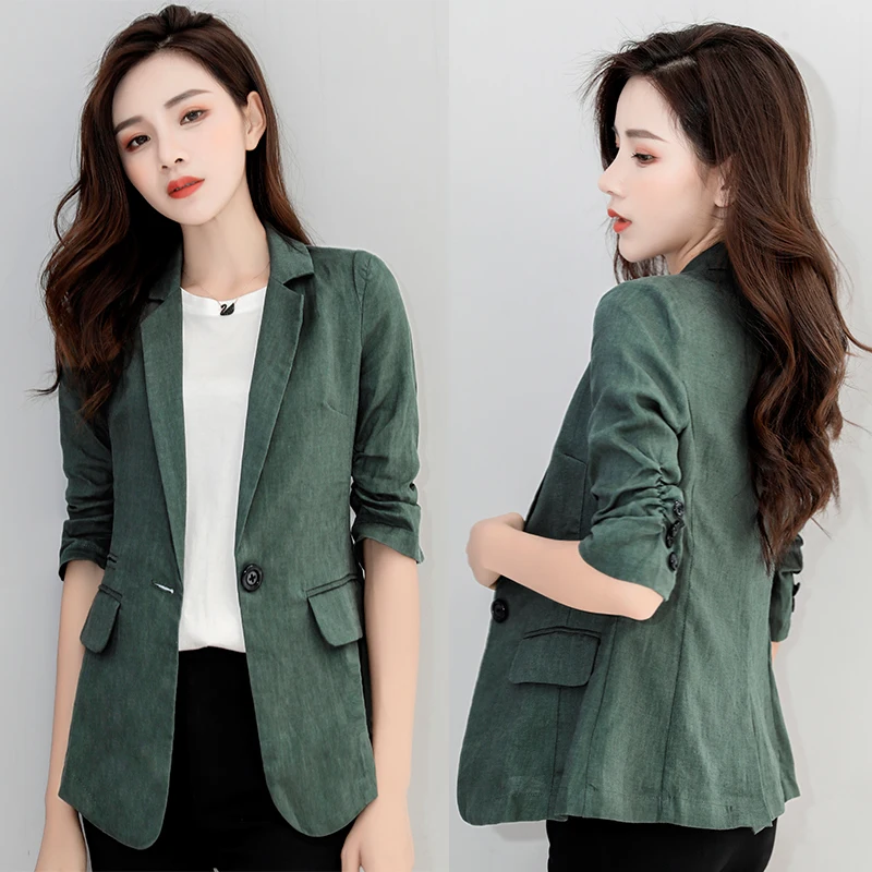 

Women Clothes Army Green Linen Small Suit Solid Color Jacket Women's Summer Thin Slim Sleeve Short Style Cotton White Women Suit
