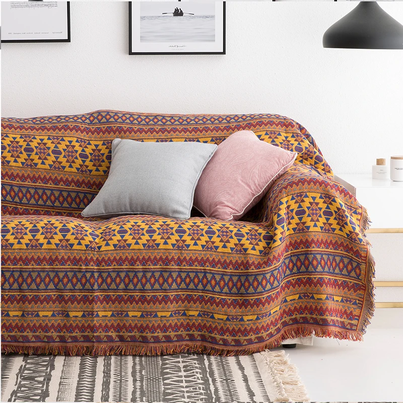 

Folk Custom Matching Knitted Throw Blanket Western Style Yellow Pattern Sofa Blanket Four Seasons Blankets For Home Travel