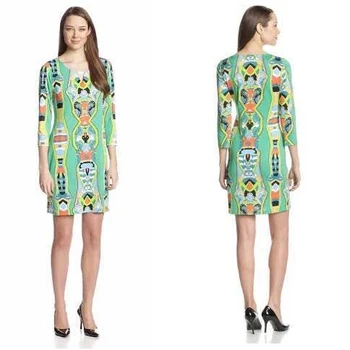 

women's new Italian synchronous knitting printed character v-neck sleeves slim dress free shipping