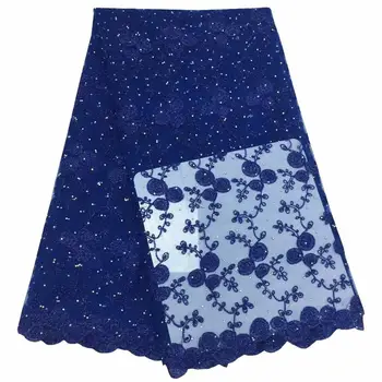 

French Net Lace Fabric 2019 Royal blue african guipure lace fabric with stones embroidery mesh tulle cord lace fabric