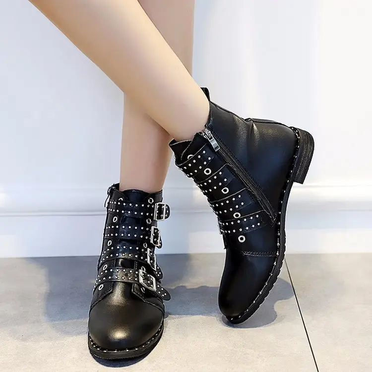 

Fashion Women Boots Doc Martin Boots Women Rivets PU Leather Booties Buckle Straps Female Ankle Boots Motorcycle Women Shoes4327
