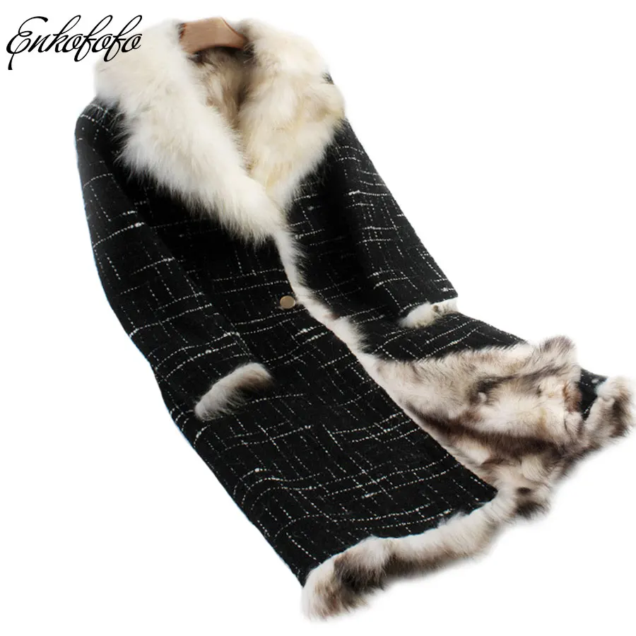 

2018 Women's Fur Coat Long Tweed Wool Blends Plaid Thick Warm Winter Jacket Women Natural Raccoon Fur Collar Real Fox Fur Coats
