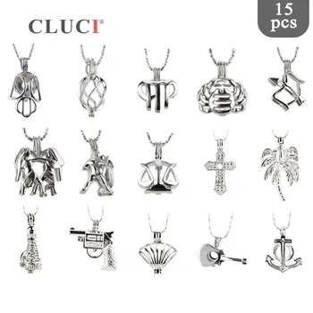 

CLUCI 15pcs/set Wholesale Silver Plated Charms Mixed Style Pearl Locket for Women Necklace MakingGift Jewelry MPC013SB
