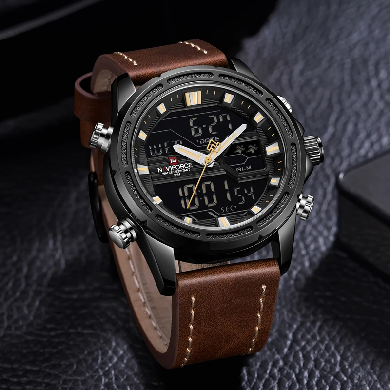 Tanie NAVIFORCE mężczyźni zegarki do luksusowej marki męskie skórzane zegarki sportowe męskie kwarcowy LED zegar cyfrowy wodoodporny wojskowy zegarek na rękę