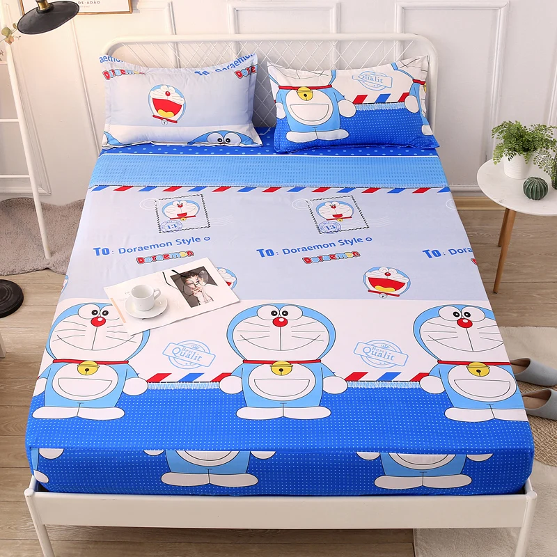 

Blue Cartoon Doraemon Printing Bed Mattress Cover Protector Air-Permeable Home Textile Mattress Cover Grippers Bed Linens