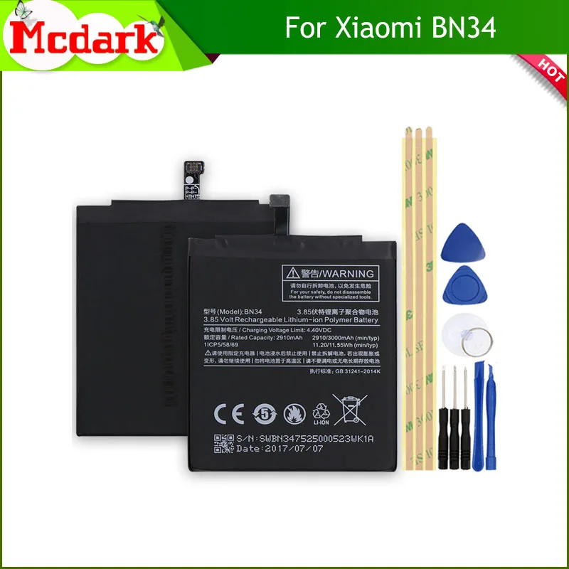 Mcdark 2860 мА/ч большая емкость BN34 Смартфон батарея Замена Высокое качество для Xiaomi