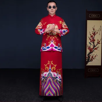 

bridegroom wedding toast costumes male red cheongsam Chinese style groom dress jacket long gown traditional China Qipao for mens
