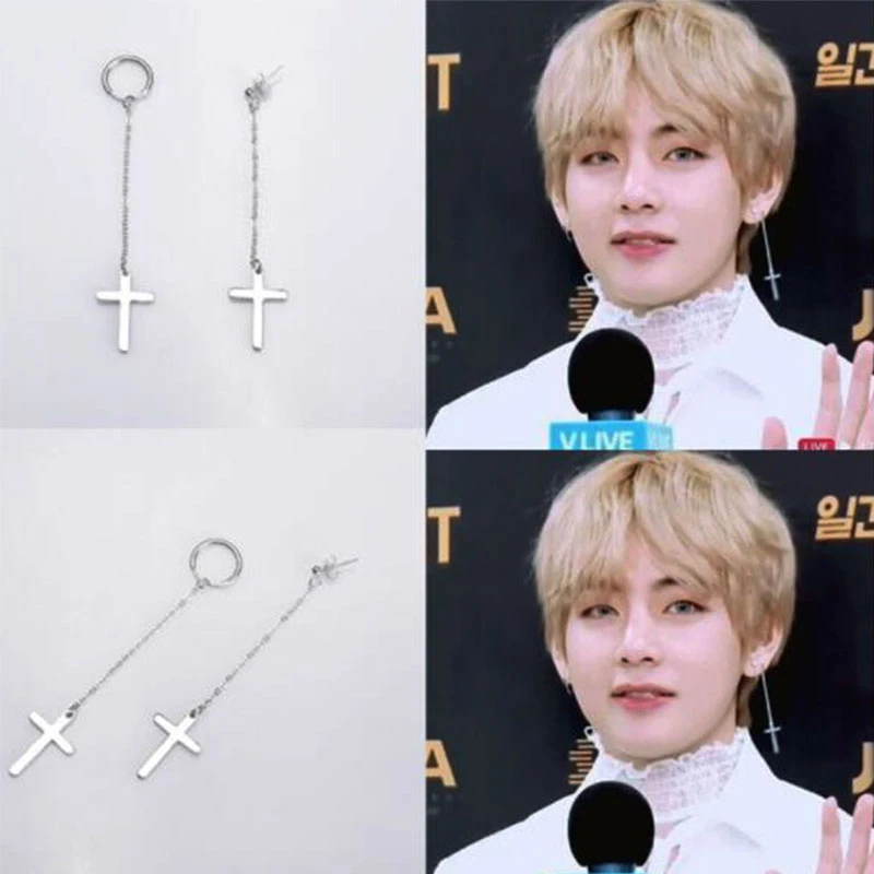 New Kpop Bts Bangtan Boys Unisex V Cross Shape Same Long Pendant Chain Titanium Steel Earrings Fashion Stud Earrings Stud Earrings Aliexpress