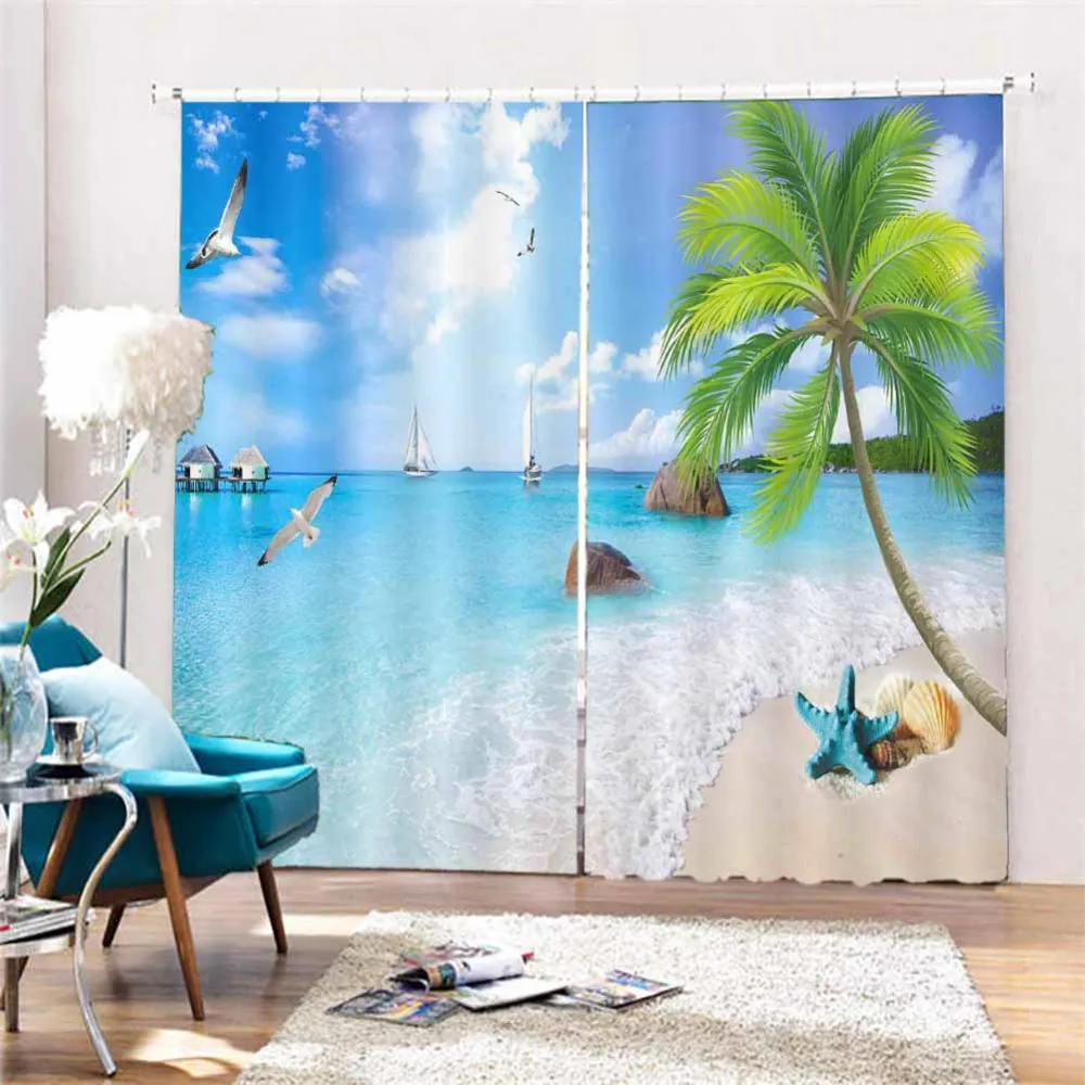 

Beach coconut trees sky view 3D Curtains For Bedroom Kids Living Room Drapes Fabric Polyester Set with Hooks
