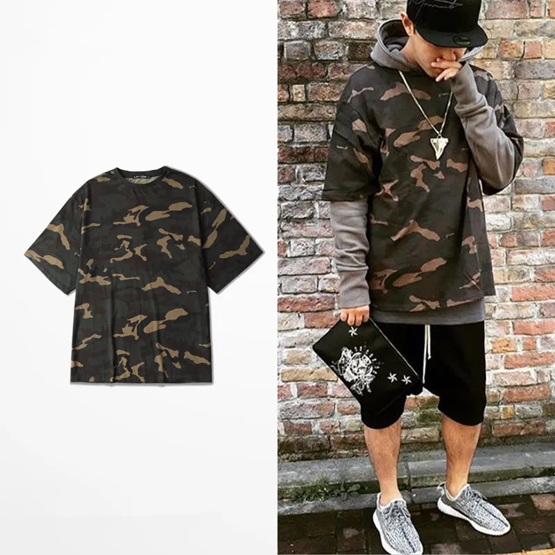 

new 2017 summer t shirt homme Kanye WEST style hip hop Fashion Military camouflage streetwear fashion men Loose oversize T-Shirt