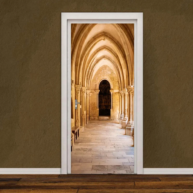 

3D Stickers European Style Retro Arch Corridor Stone Wallpaper Modern Creative DIY Door Sticker Home Decor PVC Self-Adhesive 3 D