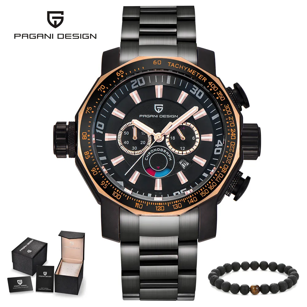 PAGANI Дизайн Лидирующий бренд Роскошные модные большие циферблаты Черный Нержавеющая сталь мужские часы водонепроницаемый функция кварцевые наручные часы для мужчин