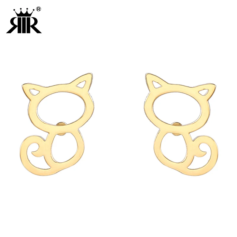 RIR цвета: золотистый, серебристый розовое золото милый кот небольшие серьги стержня для Для женщин в Нержавеющая сталь прекрасные ювелирные изделия уха простой дизайн
