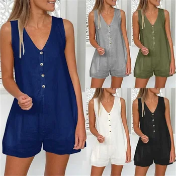 

Women Casual Cotton Linen Sleeveless V-Neck Short Jumpsuit Playsuit for Summer H9
