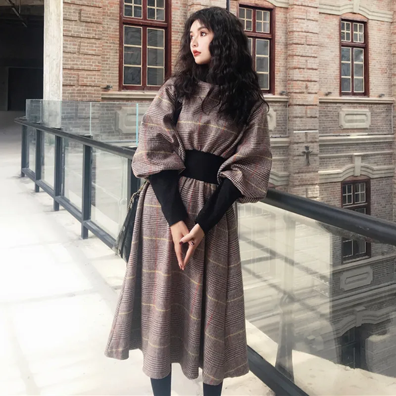 

Women Winter Victorian Vintage Woolen Dress A Line French Plaid Dress High Waist Larten Sleeves Elegant Midi Dress Vestidos