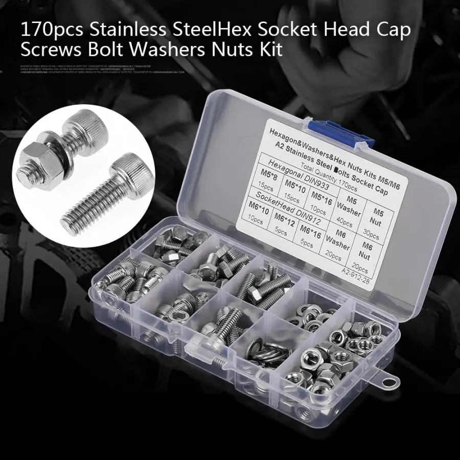 

170Pcs/Set Stainless Steel M5/M6 Hex Socket Screws Washers Nuts Assortment Kit Hex Socket Head Cap Screws and Bolts Set
