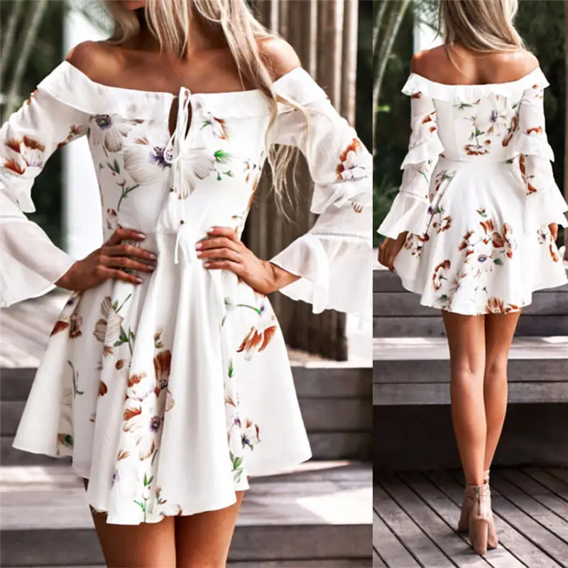 

2019 Latest Spring&Summer Fashion Womens Full Sleve Off Shouder Boho Dress Evening Party Beach Dress C35 Z280