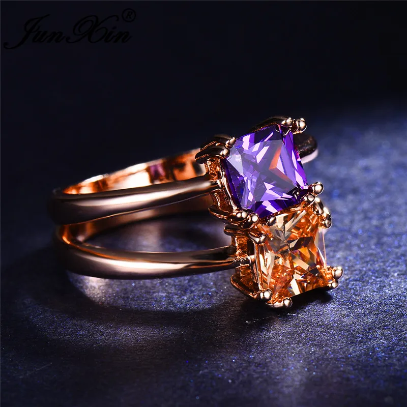 JUNXIN Rainbow Fire Birthstone Square Thin Rings For Women Rose Gold Filled Purple White Champagne Zircon Wedding Ring Female CZ