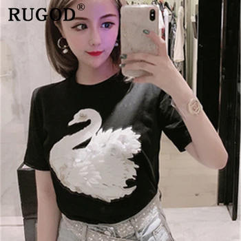 

RUGOD Korean chic printed women tshirts Fashion Embroidered swan short sleeve slim T shirts summer 2019 Casual Elegant tops tee